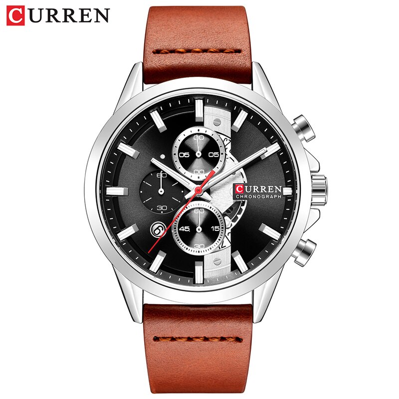 Curren relógios masculinos marca de luxo cronógrafo relógio masculino homem relógio de pulso de couro à prova dwaterproof água: silver black