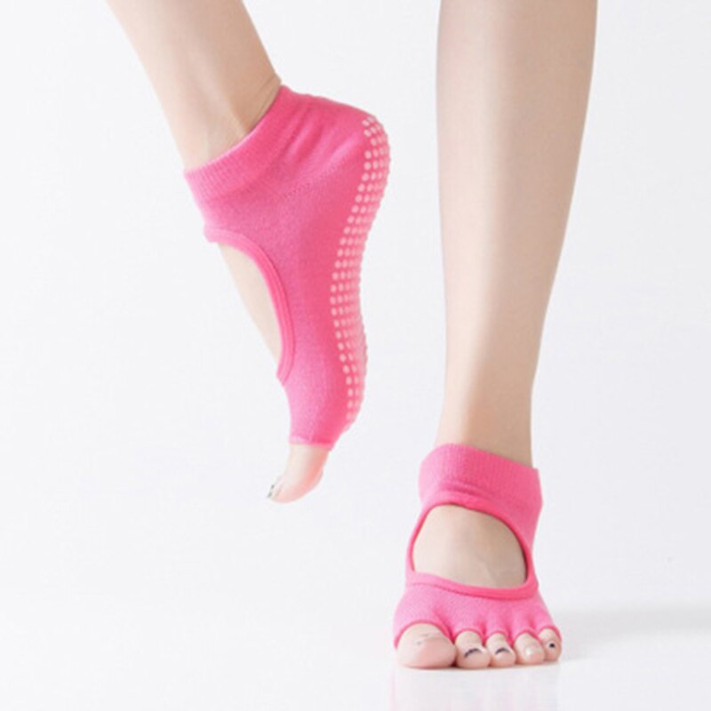 Damskie skarpetki robić jogi antypoślizgowe pięć palców bez pleców silikonowe antypoślizgowe 5 skarpetki z palcami balet siłownia sportowe poliestrowe skarpetki: Open toe róża czerwony