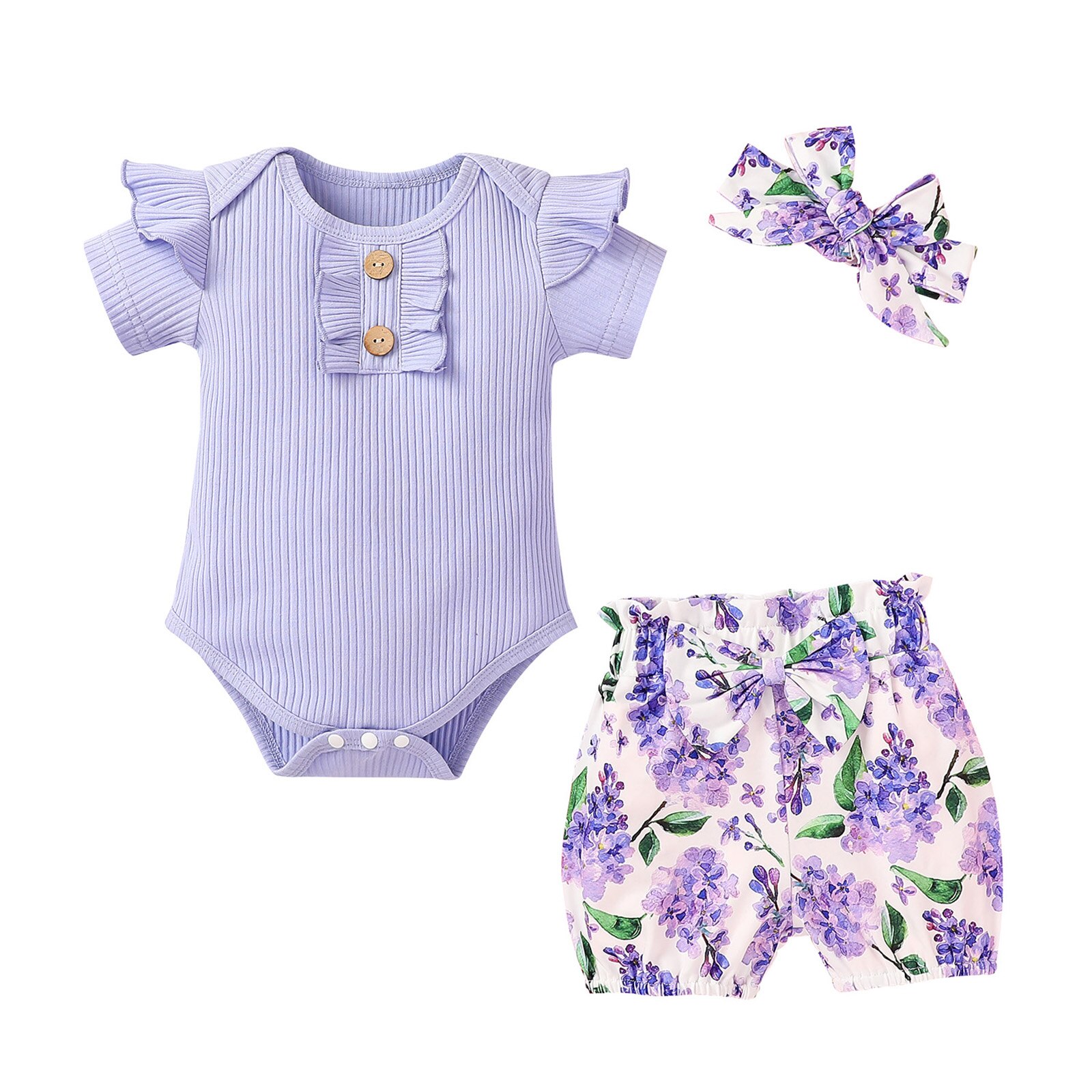 Vêtements d'été à la pour bébés filles, barboteuse à manches courtes à volants + Short imprimé floral + ornement de cheveux à nœud, 3 pièces: Violet / 18M