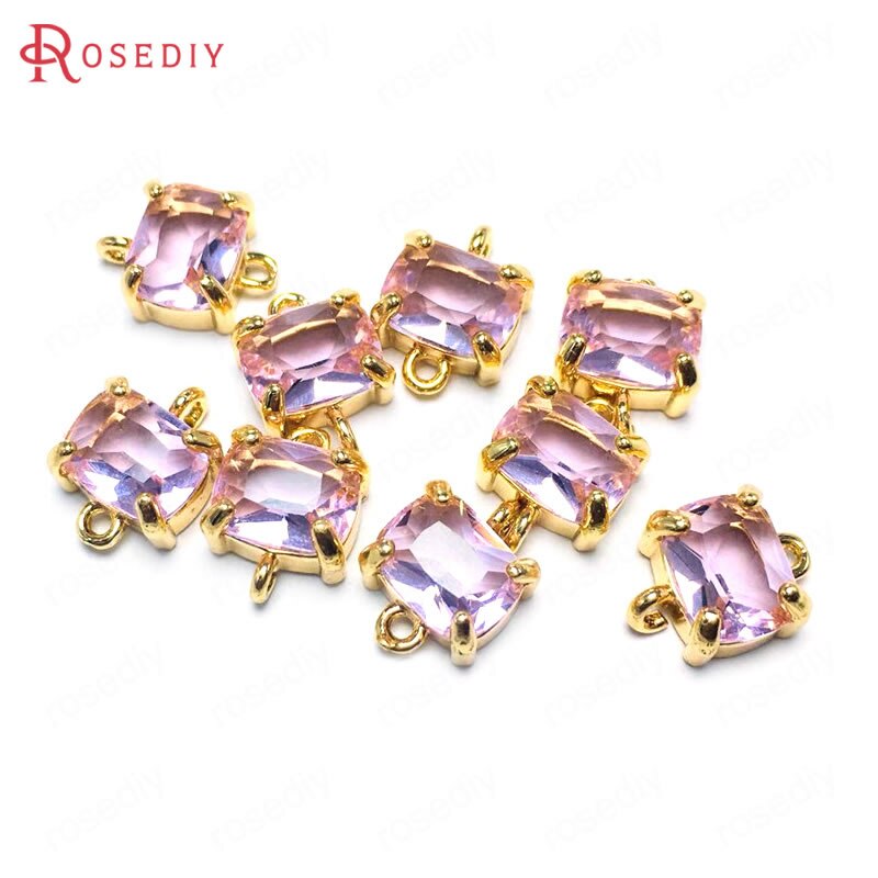 (38230)6PCS 8x10MM 24K Champagne Gold Color Brass and Glass 2 Holes Rectangle Connect Charms Pendants Diy Findings Accessories: Pink