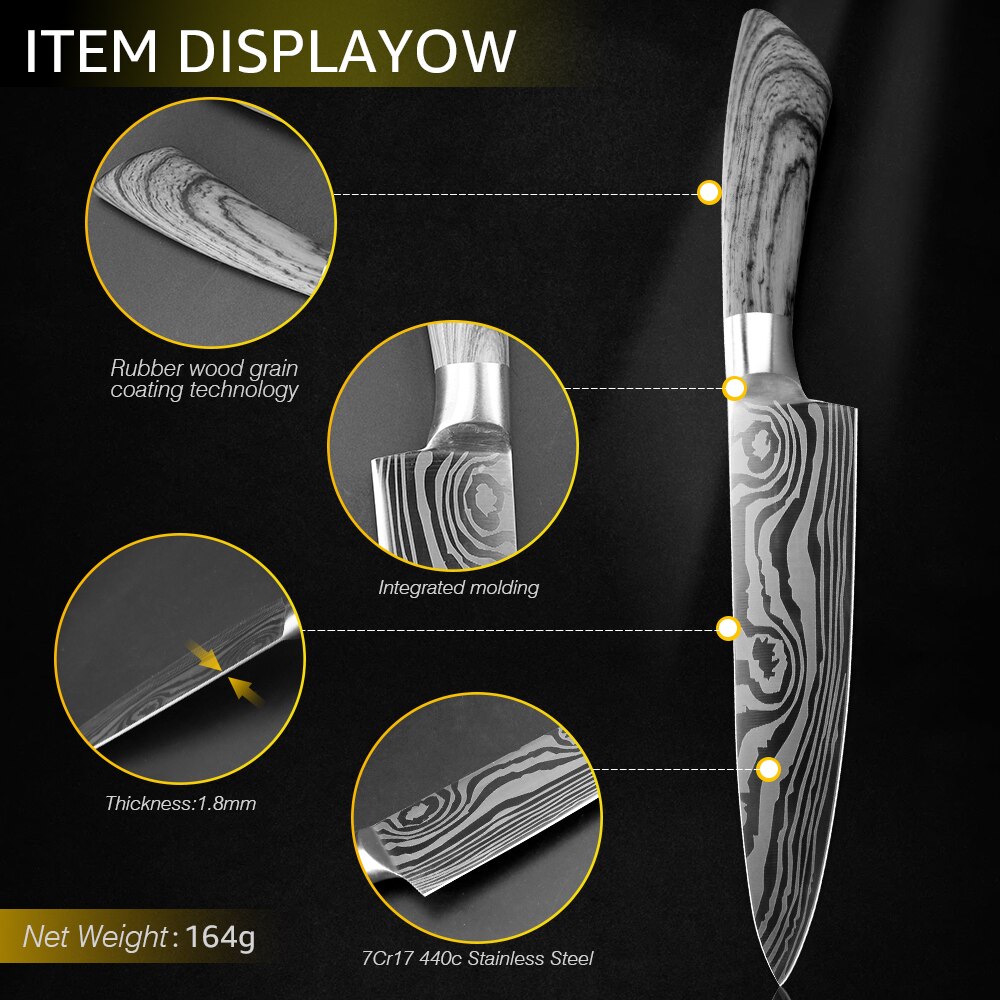 Cuchillo de cocina de acero inoxidable 7Cr17 440C, herramienta de Chef de Damasco para dibujar carne, Santoku, 1-9 piezas