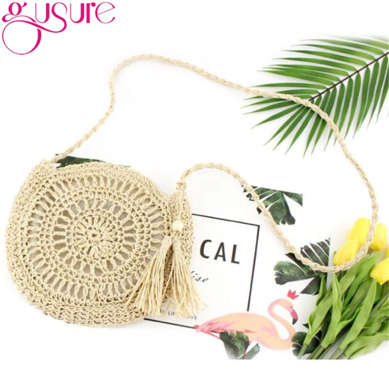 Gusure Rotan Hollow Geweven Ronde Vrouwen Stro Crossbody Tas Gebreide Zomer Strand Kwastje Handtas Vrouwelijke Kleine Schouder Tas
