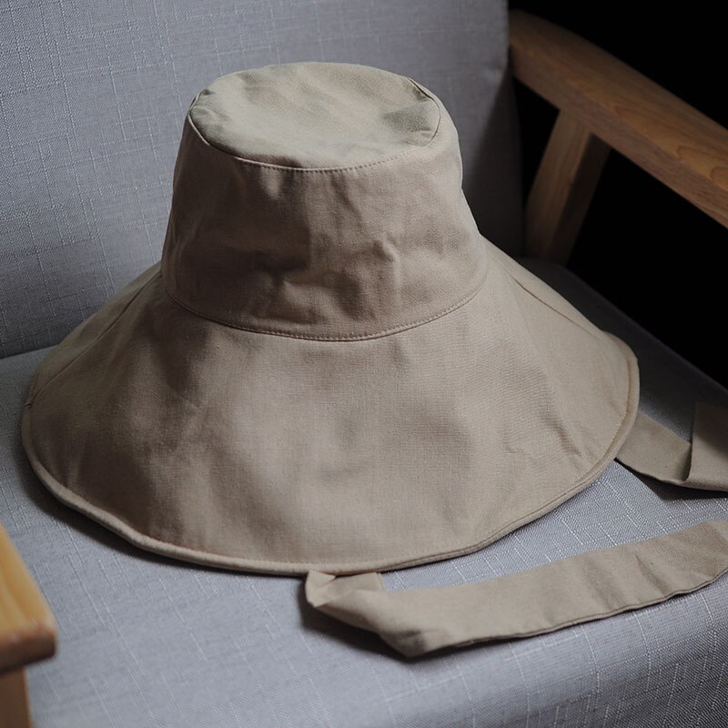 Sommer vår japan slips bøtte lue kvinner koreansk fiskerlue med stor brem sammenleggbar solkrem elegant bomullslin strandsolhatt: Khaki