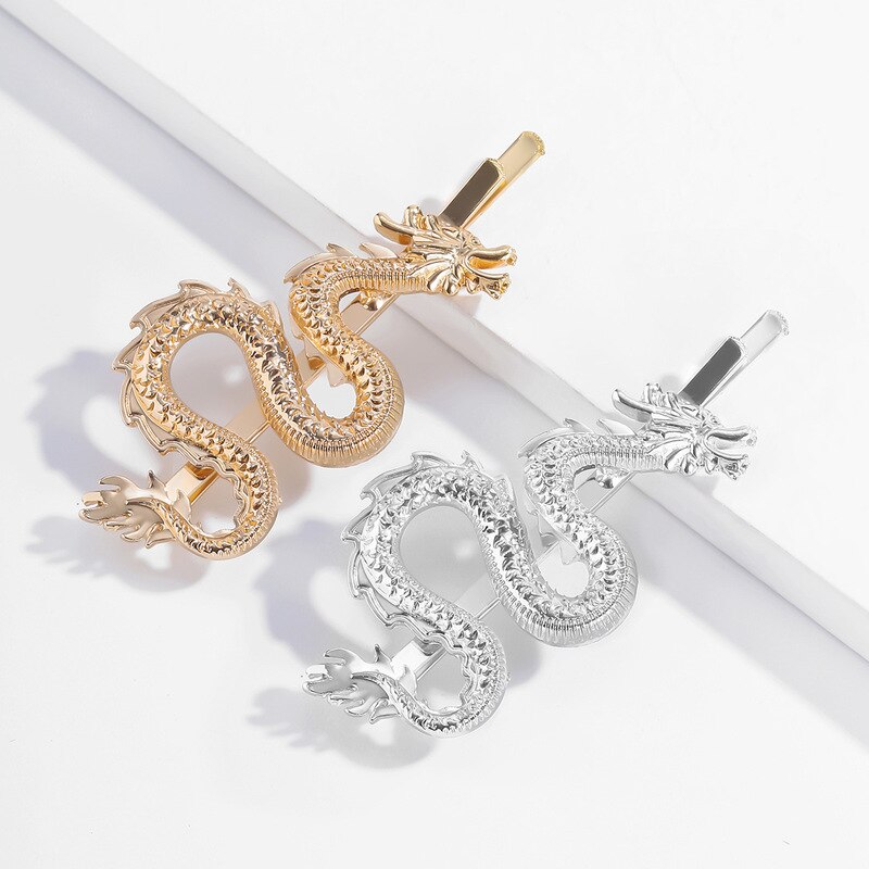 Chinese Style Gold Color Dragon Hollow One-word Hairpin for Women Metal Curved Round Barrette Hair Accessories Jewelry