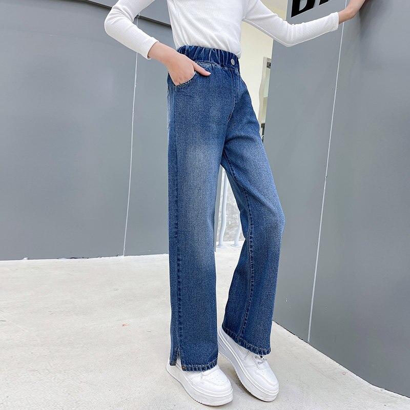 Rolanko Brede jeans voor meisjes, hoge elastische taille, brede pijpen, denim bootcut broek voor kinderen van 6 tot 15 jaar, Denim-blauw, 10-11 jaar