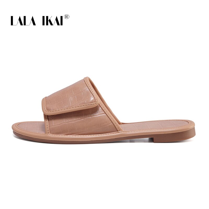 LALA IKAI Summer Flat Slippers Stone Pattern Women's Shoes Solid Color Velcro Women Flip Flop Zapatos de mujer: Brown / 41