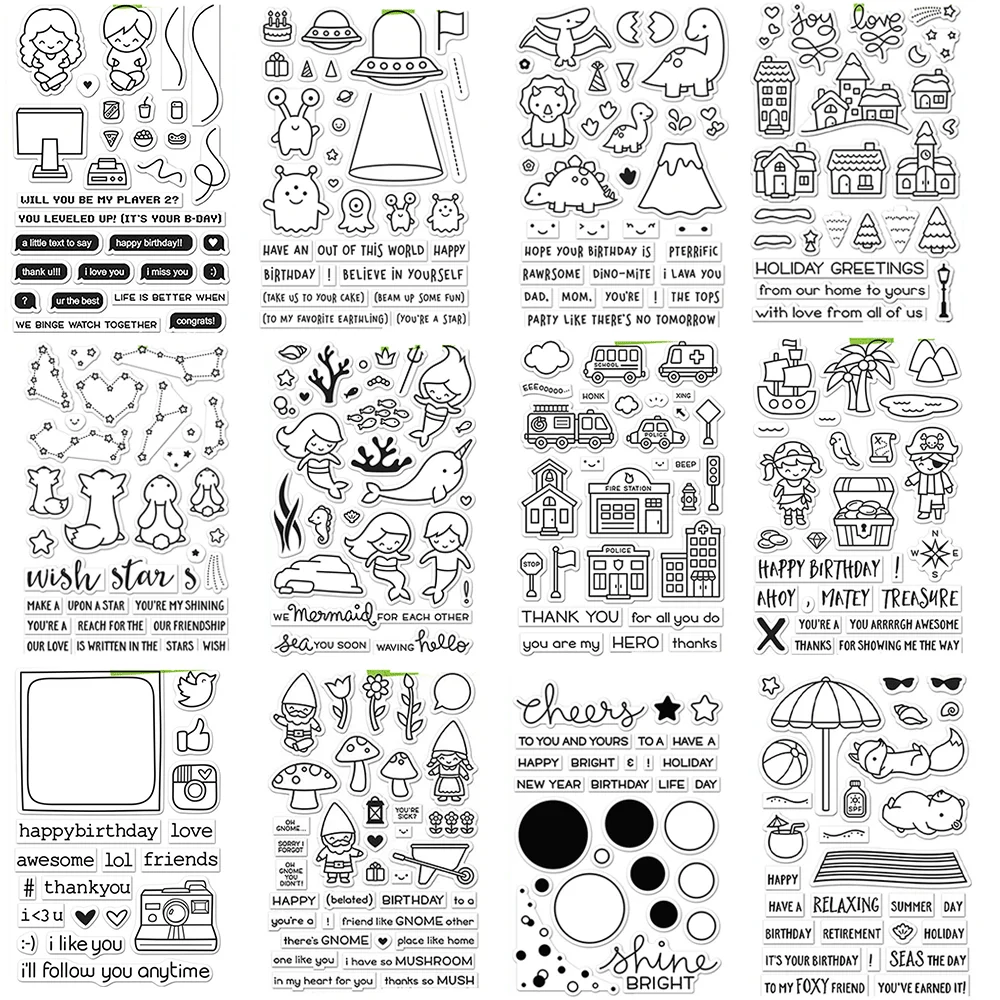 Oh gnome-stämpel på stranden, buntar med genomskinliga stämplar och metallstansar för gör-det-själv-pyssel, kort, scrapbooking, dekoration