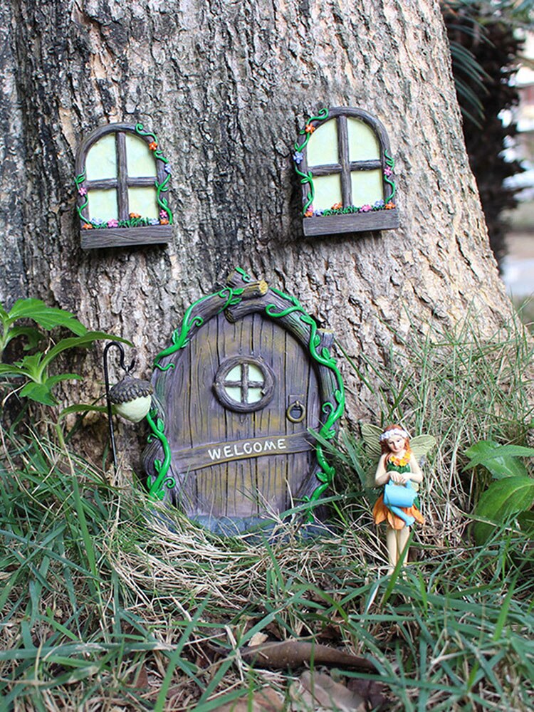 Miniature Fairy Tree Decorations Fairy Door And Windows For Trees Glows In The Dark Hand Painted Natural Woodland Look