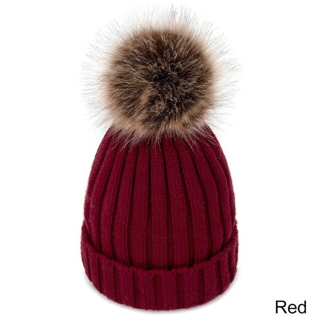 Evrfelan Bommel Wolle Winter Hütte Frauen Gestrickte Dicke Mütze Hüte für Damen Warme Schädeldecke Beanies Mädchen Motorhaube Gorro: rot