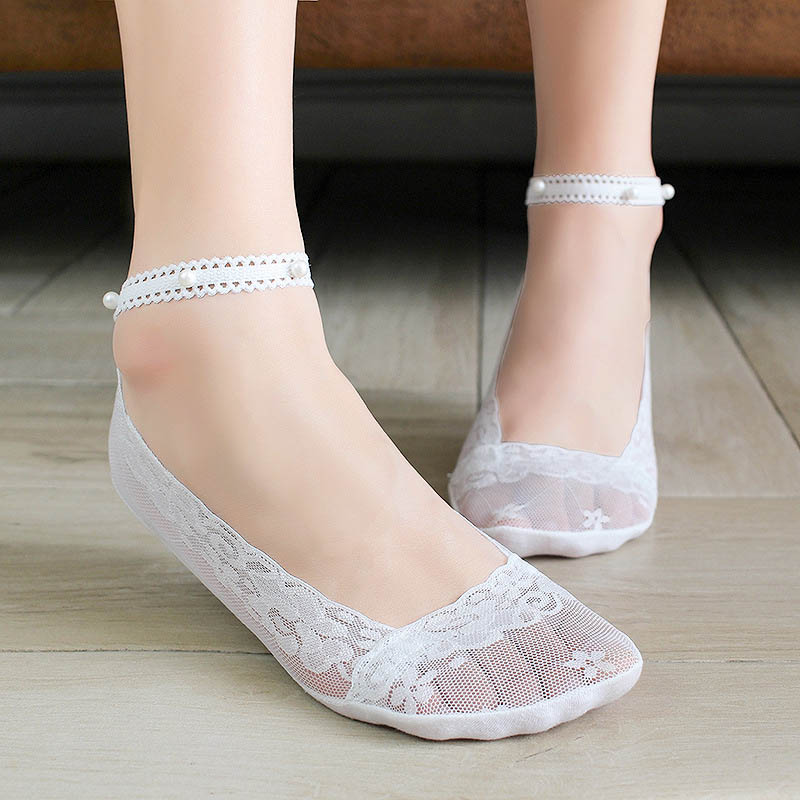 1 Pair Floral Lace Boat Socks For Women With Pearl Spring Summer Breathable Short Socks Soft Thin Korean Style Socks
