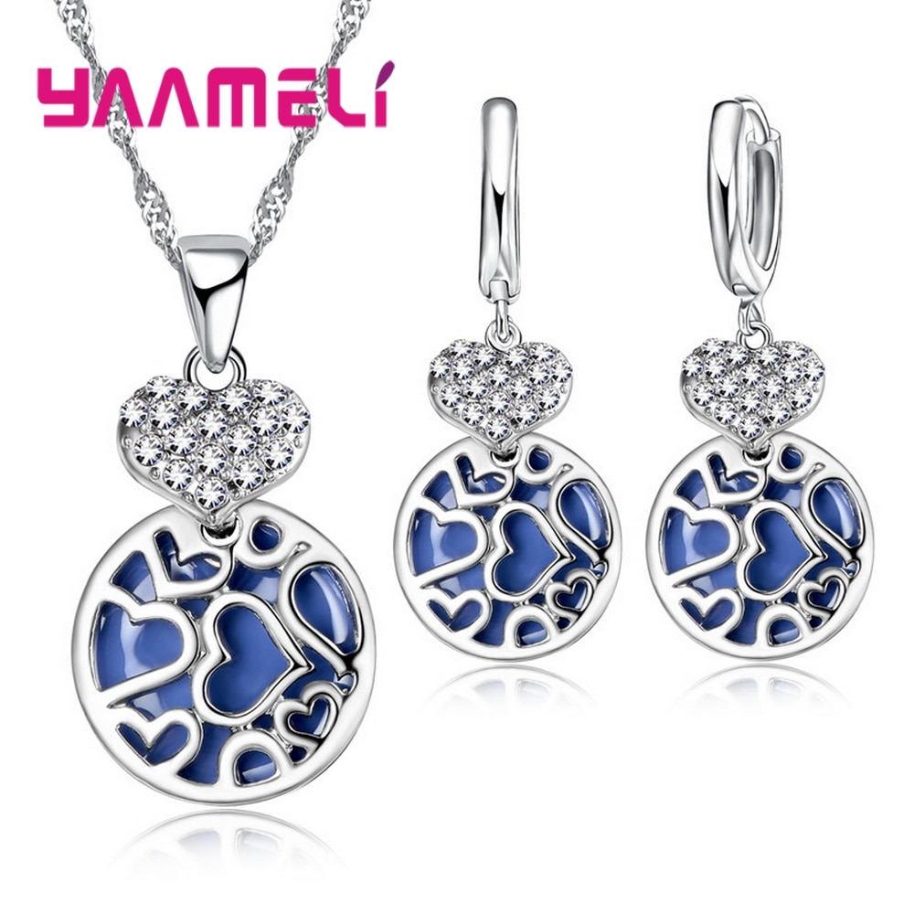 Conjunto de joyería de plata de ley 925 para mujer, collar y pendientes con forma de corazón azul profundo, de San Valentín, boda