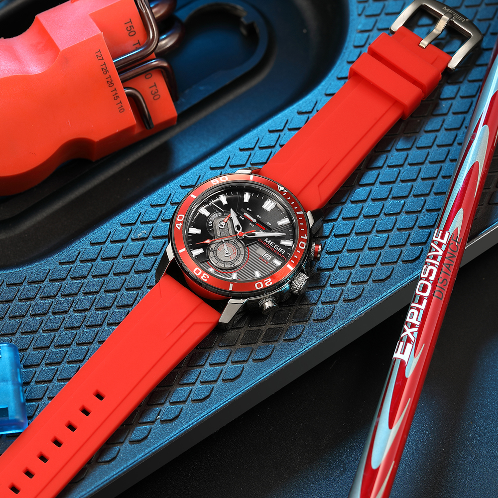 Megir oranje chronograaf sporthorloge voor heren met siliconen band, waterdicht, met lichtgevende wijzers, automatische datumweergave en 24-- uurs weergave.: Rood