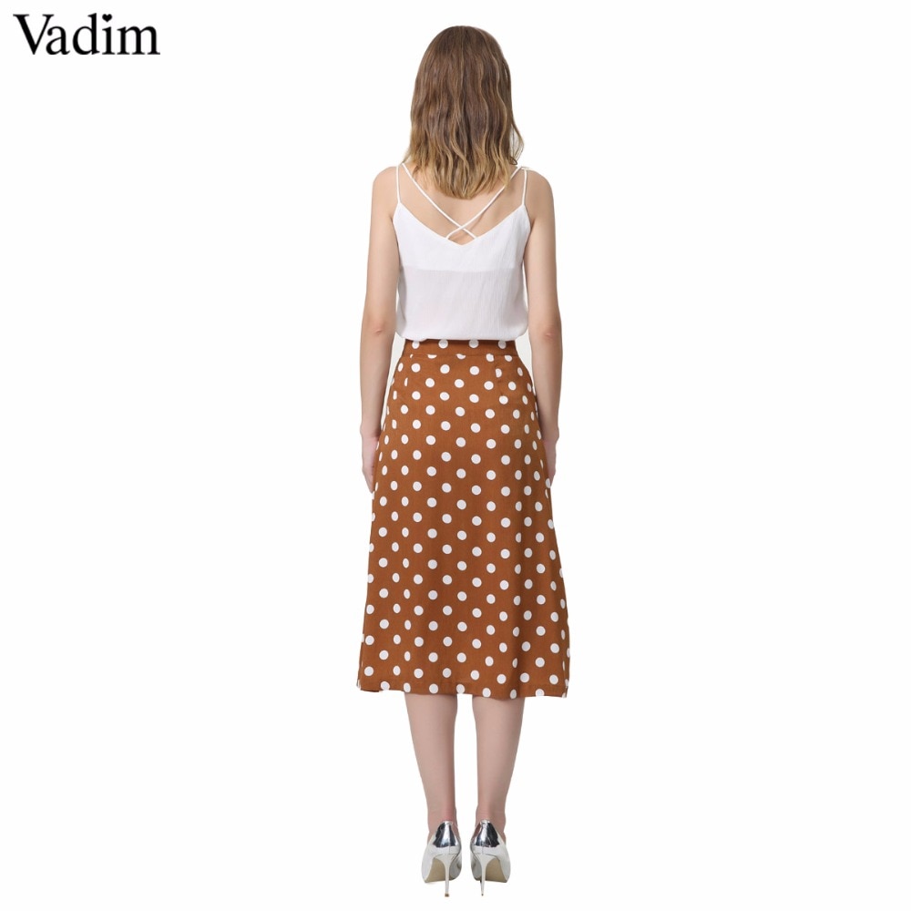 Vadim mujeres vintage dot print midi falda de botones bolsillos una línea Damas casual verano faldas de media pierna falda mujer BA022