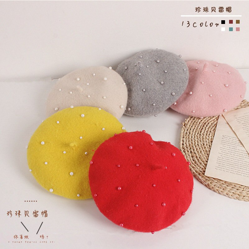 Crianças da criança menina boina de lã chapéu outono inverno quente clássico estilo francês frisado pérola gorro boné moda infantil para 2-8y
