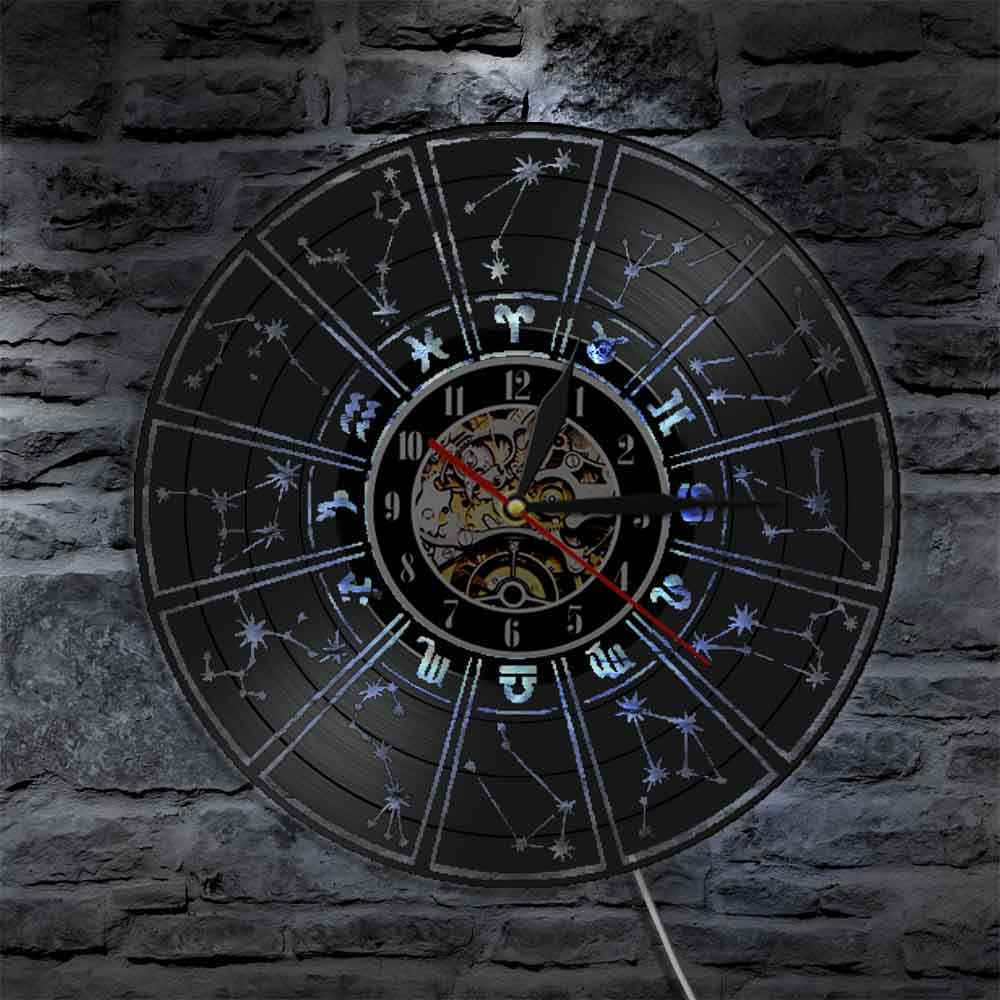 Zodiac Sign Wall Clock Astrology Stars Vinyl Record Wall Clock with Illuminated LED Light Living room Home Decor Zodiac