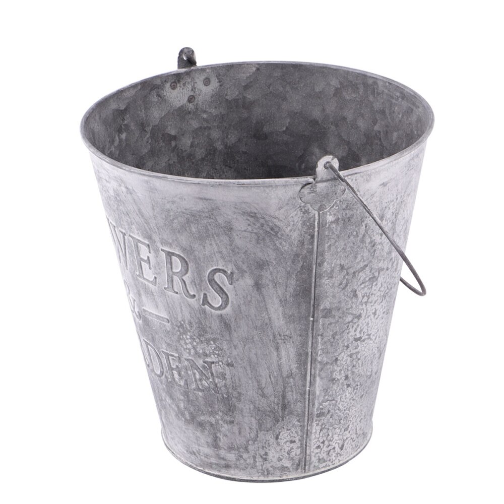 Garden Wrought Iron Pail Simulation Round Iron Bucket Flower Pot Metal Flower Bucket for Home - Size L(Light Grey)