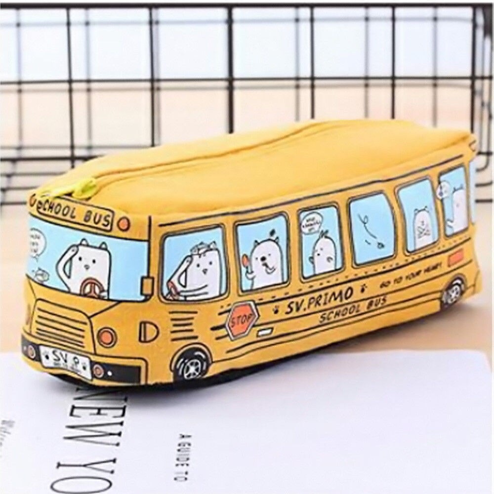 Canvas Pencil Case Popular School Bus Zipper Pencil Box Stationery Organizer School Supplies Durable Pen Bag For Kids: Yellow