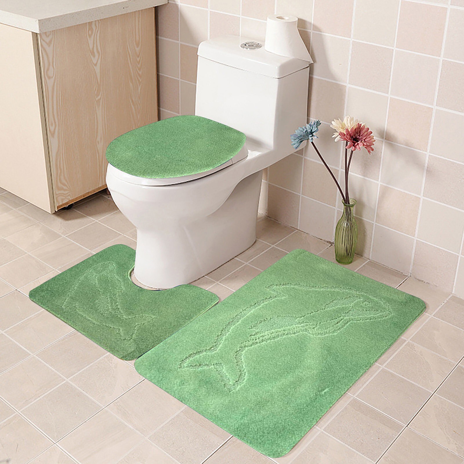 3 Stuk Badkamer Tapijt Set Non Slip Hart Bad Contour Mat 55X85 Cm Monochromatische Settoilet Tapijt Wc Deksel cover Set Accessoires: Green 