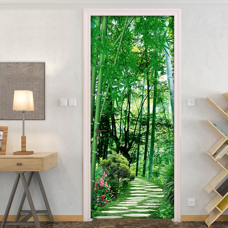 Door Stickers Nature for Living Room Bedroom Door Wallpaper Self-Adhesive Wall Decals 3D Bamboo Forest Photo Wallpaper Sticker