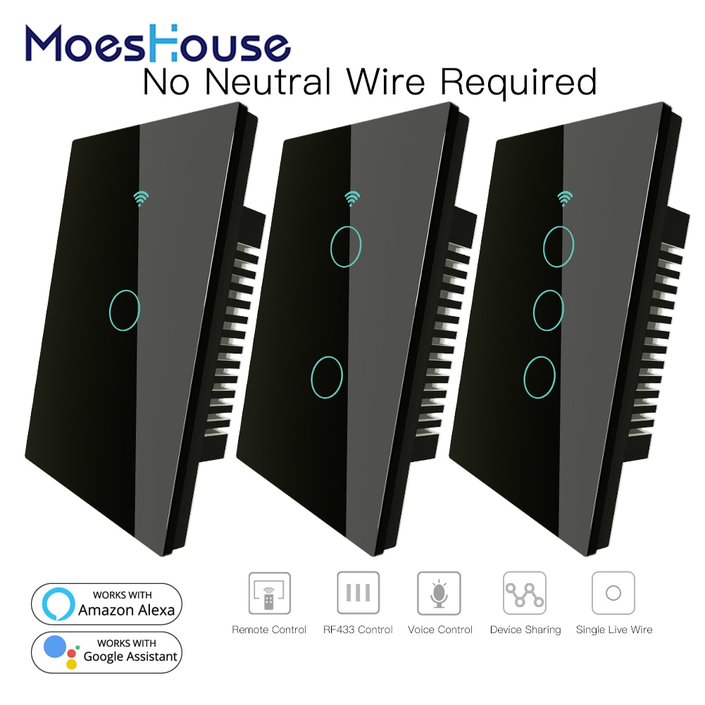 RF433 WiFi Smart Wall Touch Switch No Neutral Wire Needed Smart Single Wire Wall Switch Work with Alexa Google Home 170-250V