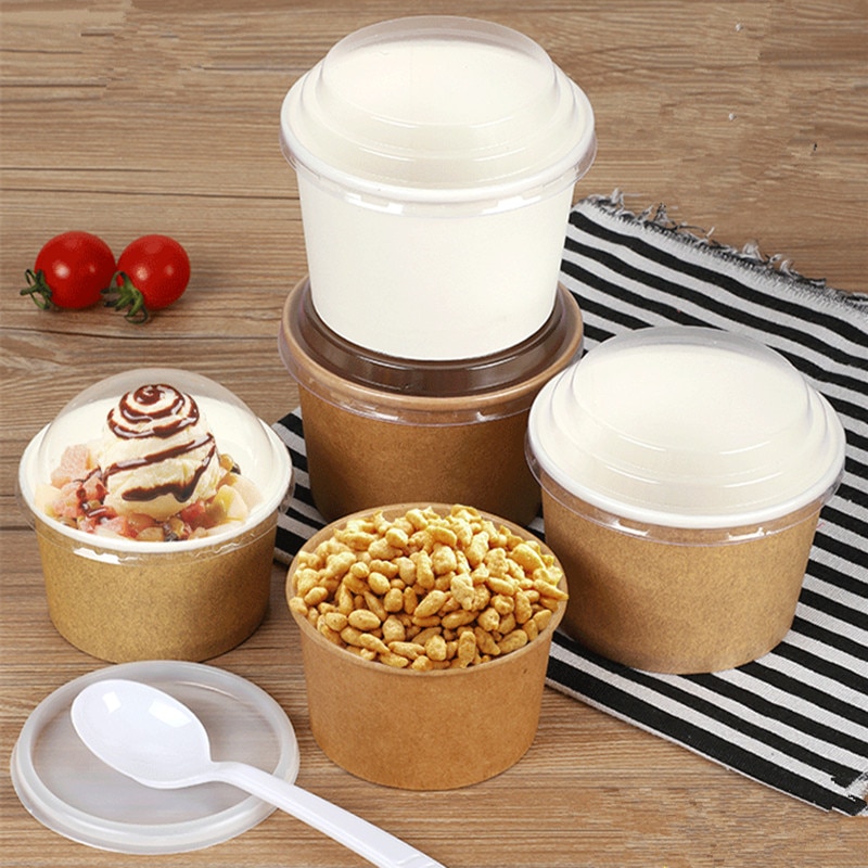 50pcs 200ml 300ml pudding jelly dessert paper cups with lid takeaway package White disposable ice cream cup party birthday favor