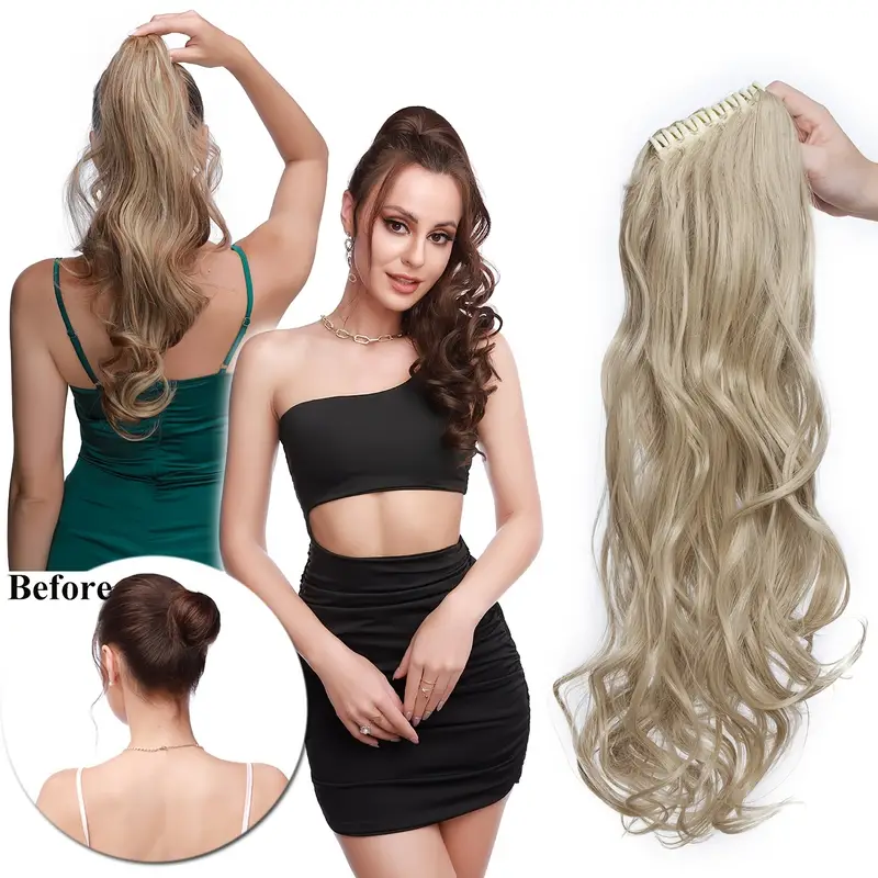 24inch Synthetic Multicolor Horsetail Extensions Very Long And Fluffy Wavy Heat Resistant For Women Curling Pieces