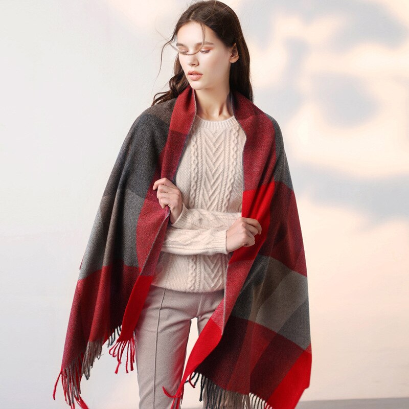 Écharpe à carreaux en cachemire pour femme, châle chaud d'hiver et écharpe bandana pashmina, long pompon, foulard féminin, couverture épaisse