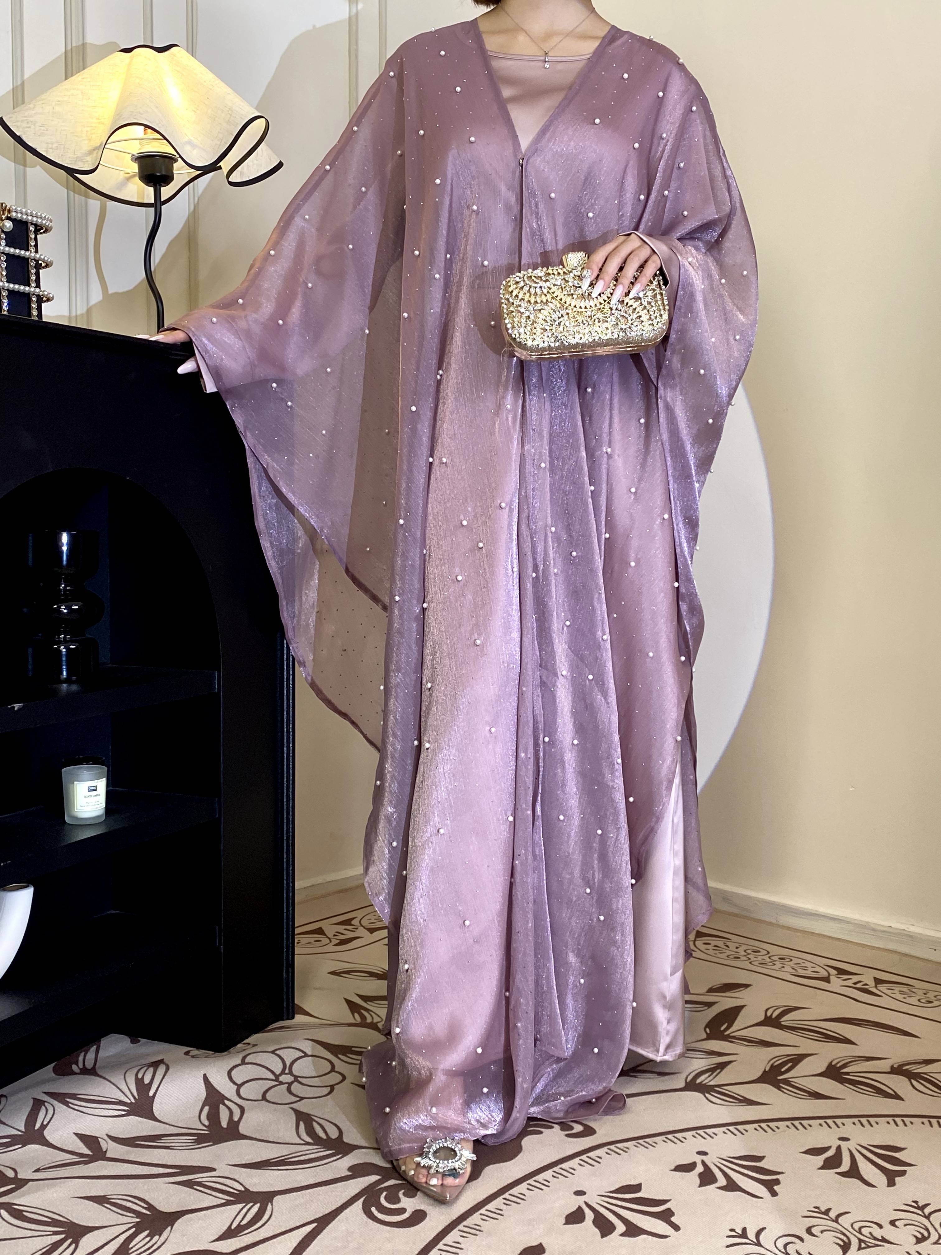 Rajat ylittävä naisten muslimivaatteet abaya yksinkertainen helmi tähtitaivas ulkohameen mekko viitta: L / Violetti