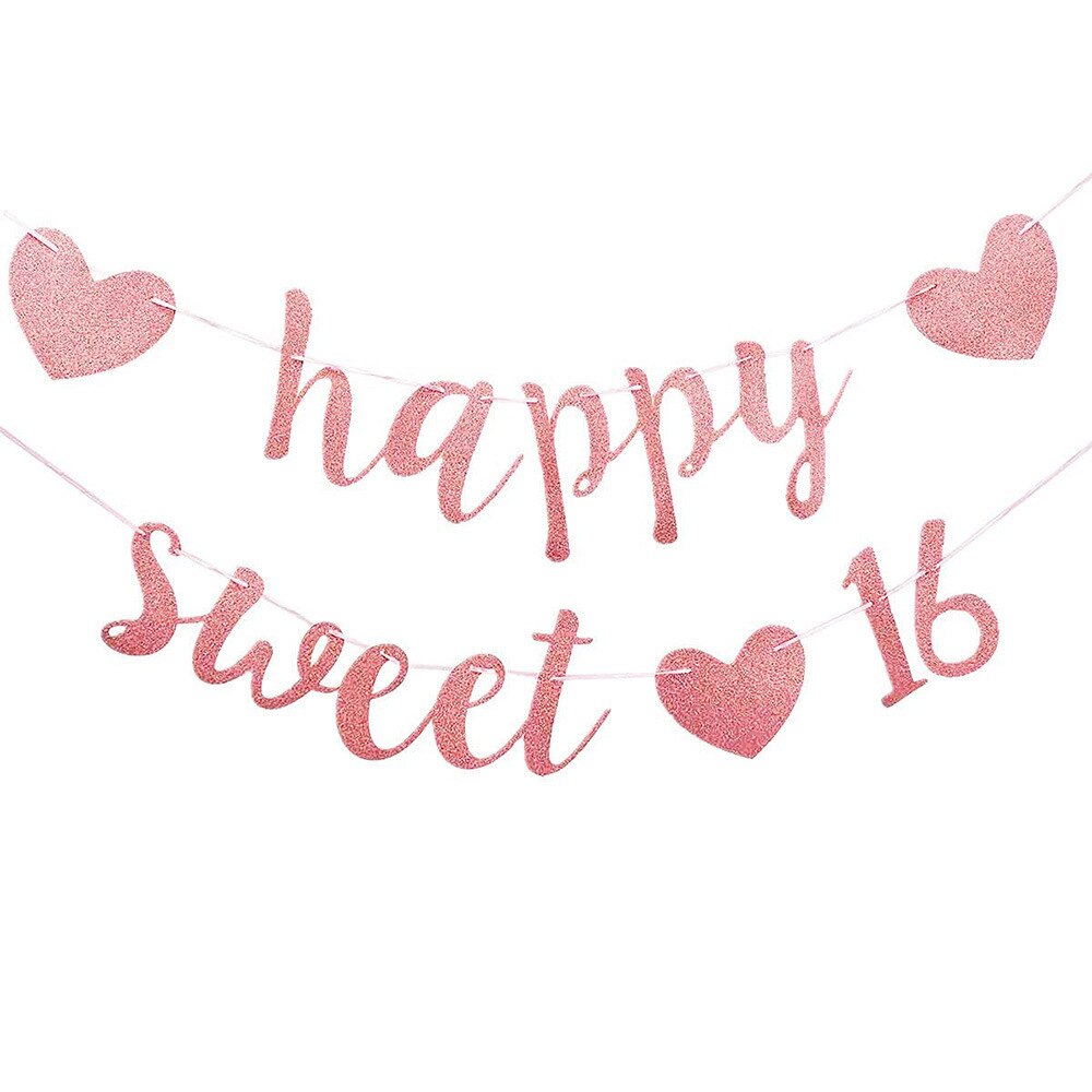 Rose Gold Happy Sweet 16th Birthday Party Banner Girl 16th Theme Birthday Party Background Wall Arrangement Party Decor Banner