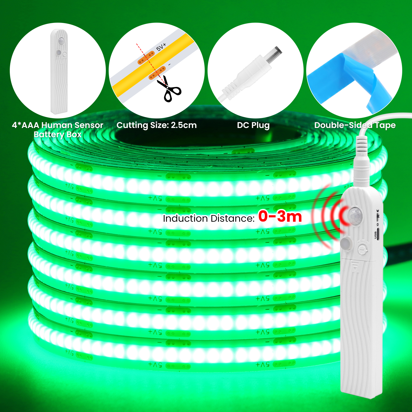 Tira de luces LED COB con Sensor humano, batería 4AAA, cinta LED Flexible regulable de 5V con cinta adhesiva para retroiluminación de armario y dormitorio: Verde / 3 m