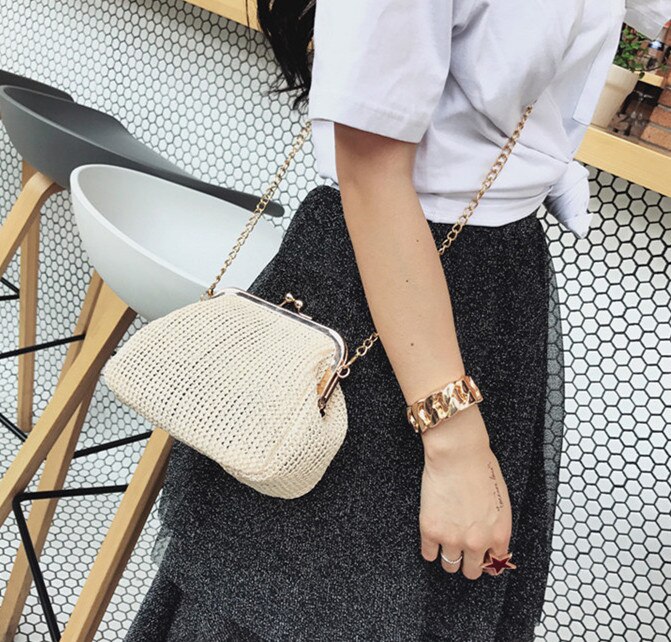 Toyousky zomerse dames handtas met rieten schelpen, dames strandtas, vrijetijdstas met kleine ketting en kussluiting, schoudertas: Khaki