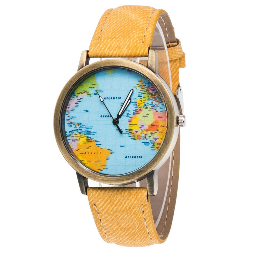 Reloj de cuarzo con correa de cuero de imitación para mujer, pulsera de hora con de mapa del mundo, esfera redonda, Retro Unisex
