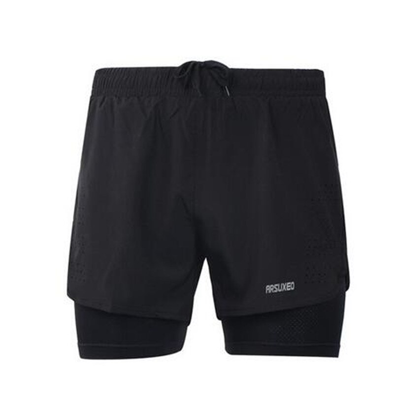 ARSUXEO Sport Fietsbroek Mannen 2 In 1 Marathon Sportbroek Sneldrogend Ademende Fietsbroek Met Ritsvak: Zwart / M