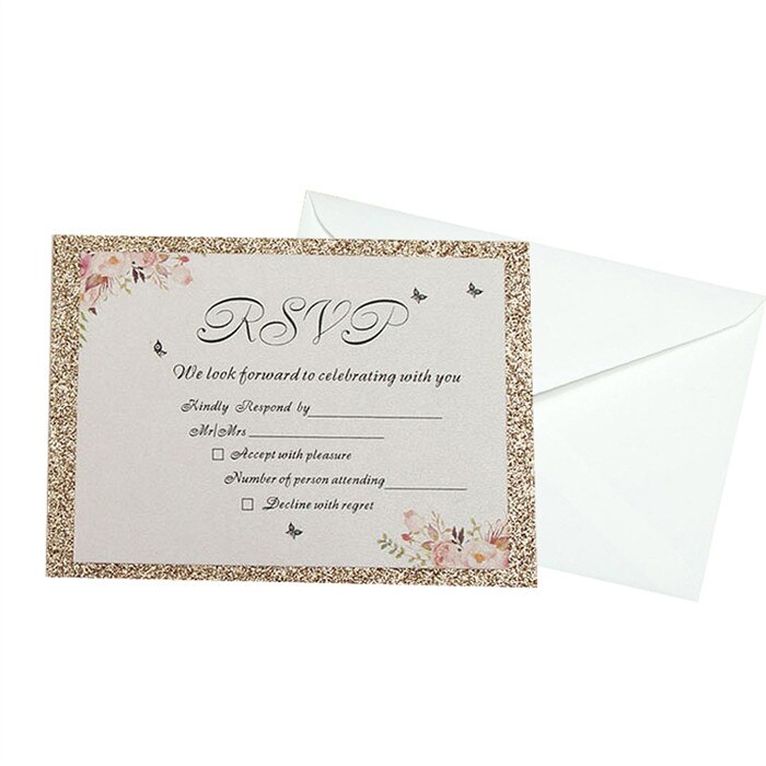 50pcs/lot Flower Invitation Card Print Blank Page Golden Edge Wedding Birthday Party Greeting Card for Guest Wedding Favor Decor: rose golden print