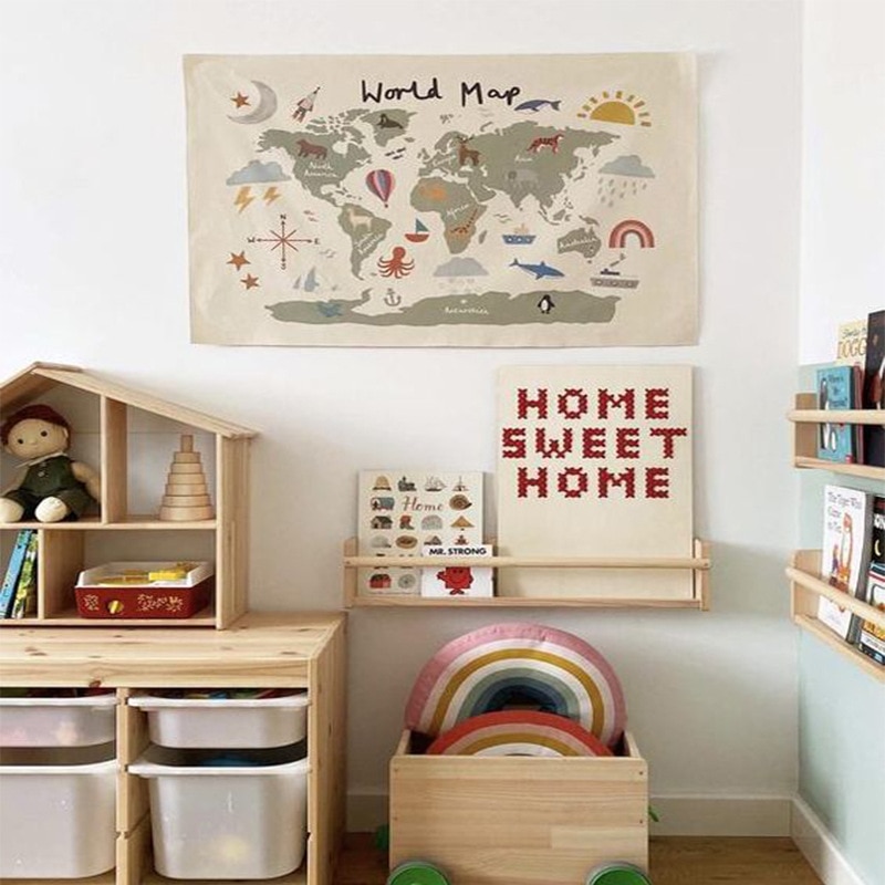 Nordisk stil pedagogisk barnerom verdenskart hengende dekorasjon plakat barnehage veggkunst lerretskart barnesoverom hjemmeinnredning