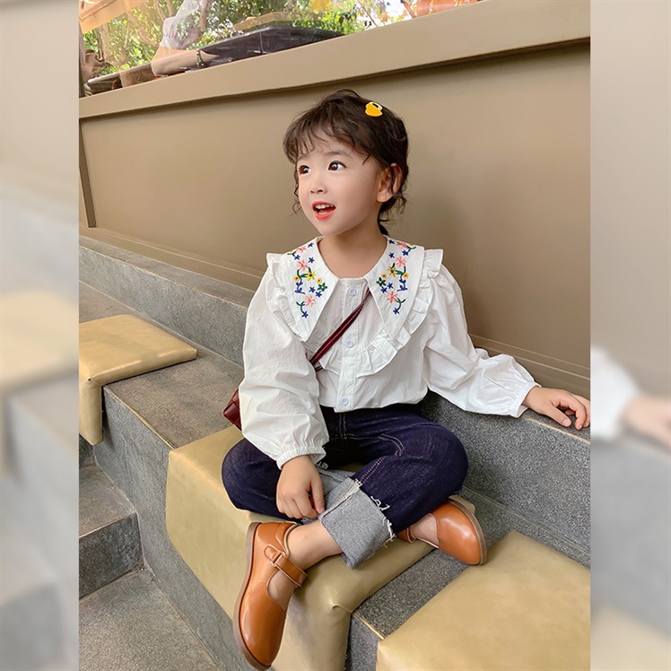 Blusa blanca bordada para niña, camisa de manga larga con cuello bordado para primavera y verano, Tops, disfraz informal