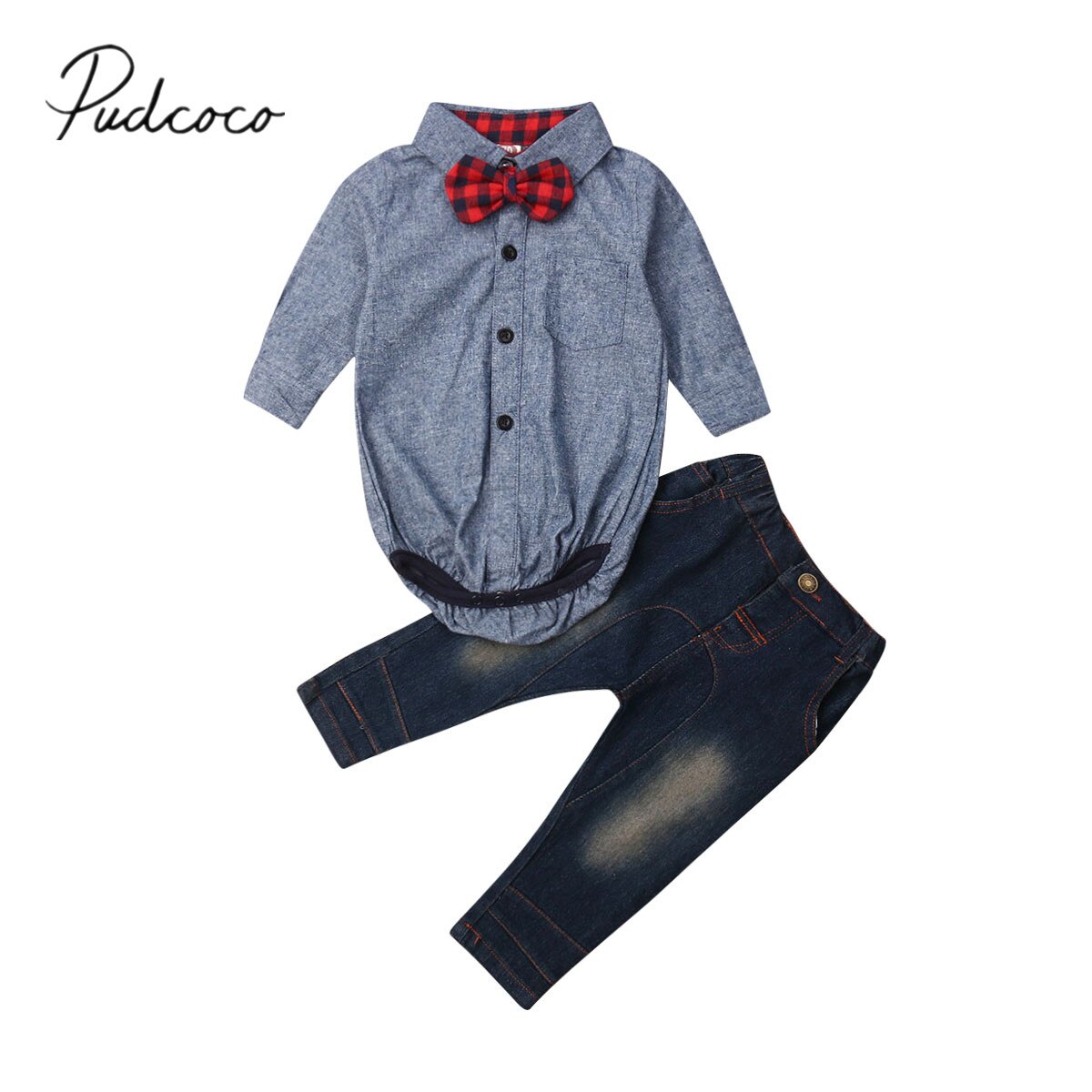 Baby sommer tøj småbørn baby dreng bryllup fest galla skjorte romper denim bukser 2 stk jakkesæt formelt outfit herre tøj
