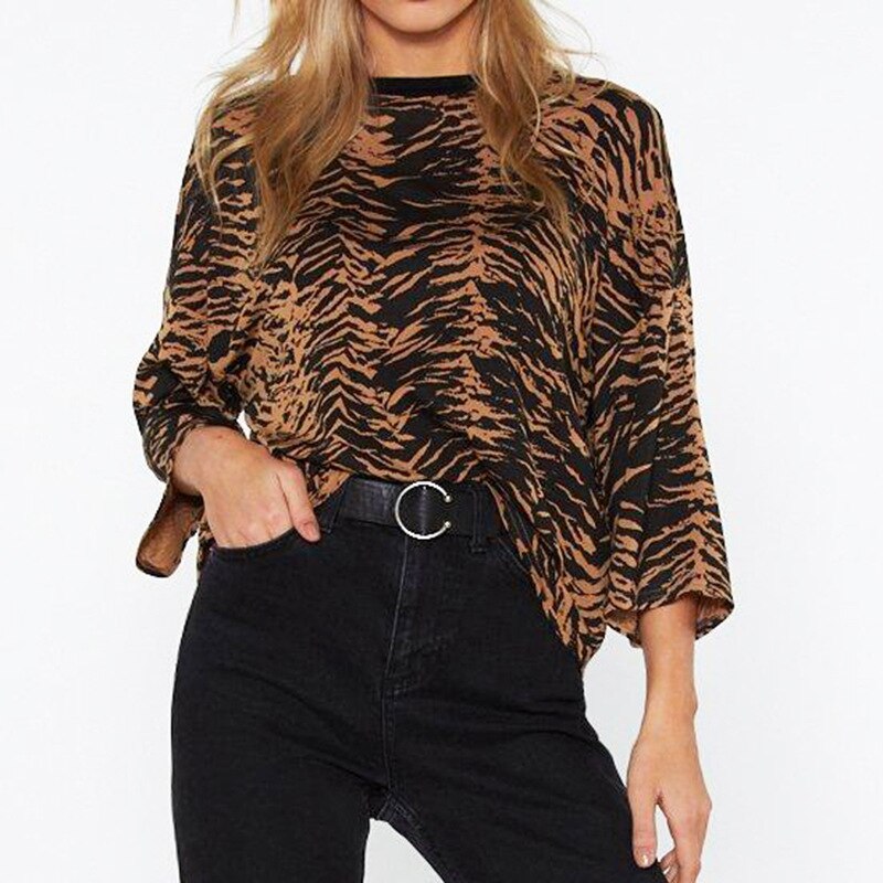 femmes européennes et américaines t-shirts tigre rayure imprimer o-cou trois quarts manches en mousseline de soie chemise B femme t-shirt dames hauts