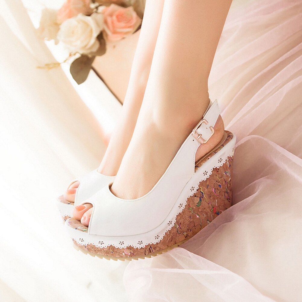 Karinluna cuñas tacones altos tamaño grande 43 mujeres zapatos mujer plataforma sin talón Peep Toe sandalias de verano