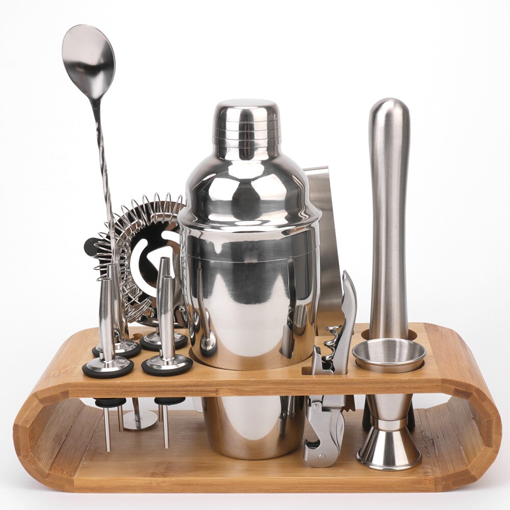 Bars Mixed Drinks Mocktail Tools Bartender Tools Jigger Mixing Spoon Tong Stainless Steel Cocktail Shaker Set Wood Storage Stand