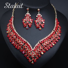 Red Rhinestone Earrings Necklace Set Jewelry Sets Women Gold Color Choker Bridal Wedding Party Costume Accessories