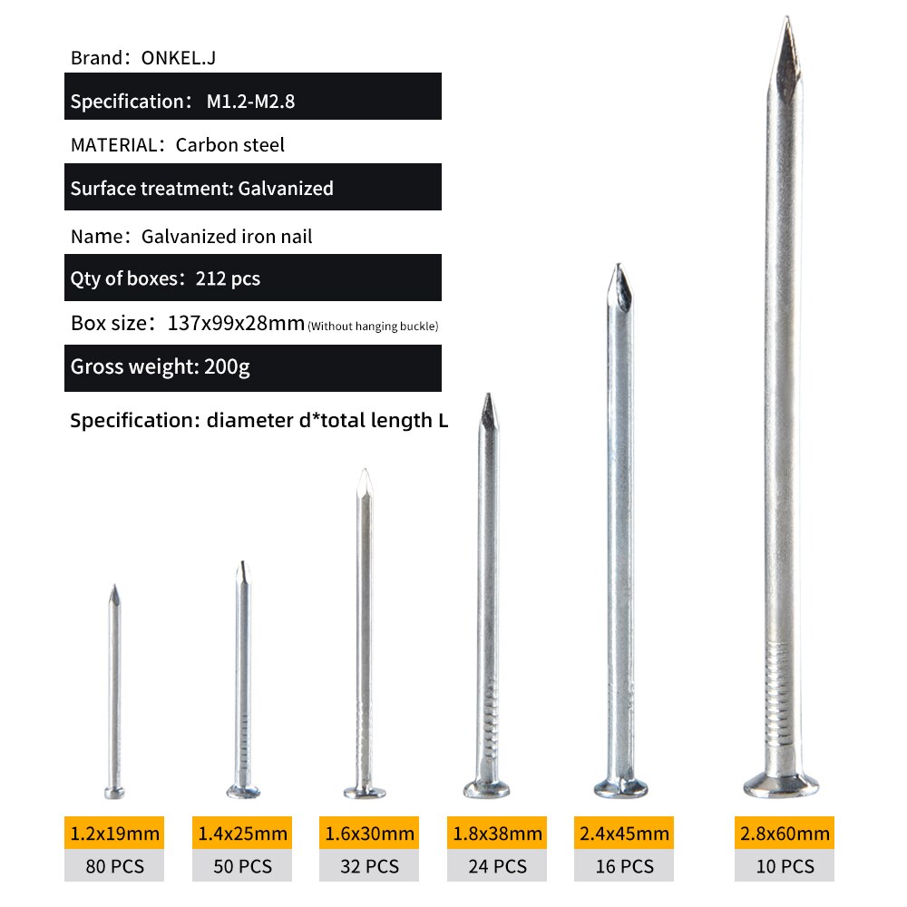 Onkel.J 212Pcs Houtbewerking Ijzeren Nagels Timmerwerk Ronde Nagels Hardware Fijne Gereedschap Voor Diy Houtbewerking M1.2-M2.8