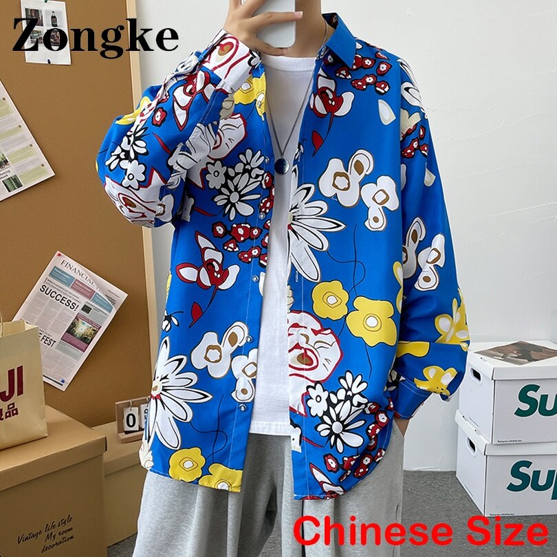 Zongke Bloemen Casual Shirts Voor Mannen Kleding Chinese Maat 4XL Koreaanse Lange Mouw Man Kleren 2022 Nieuwkomers: Blue / Chinese Size M