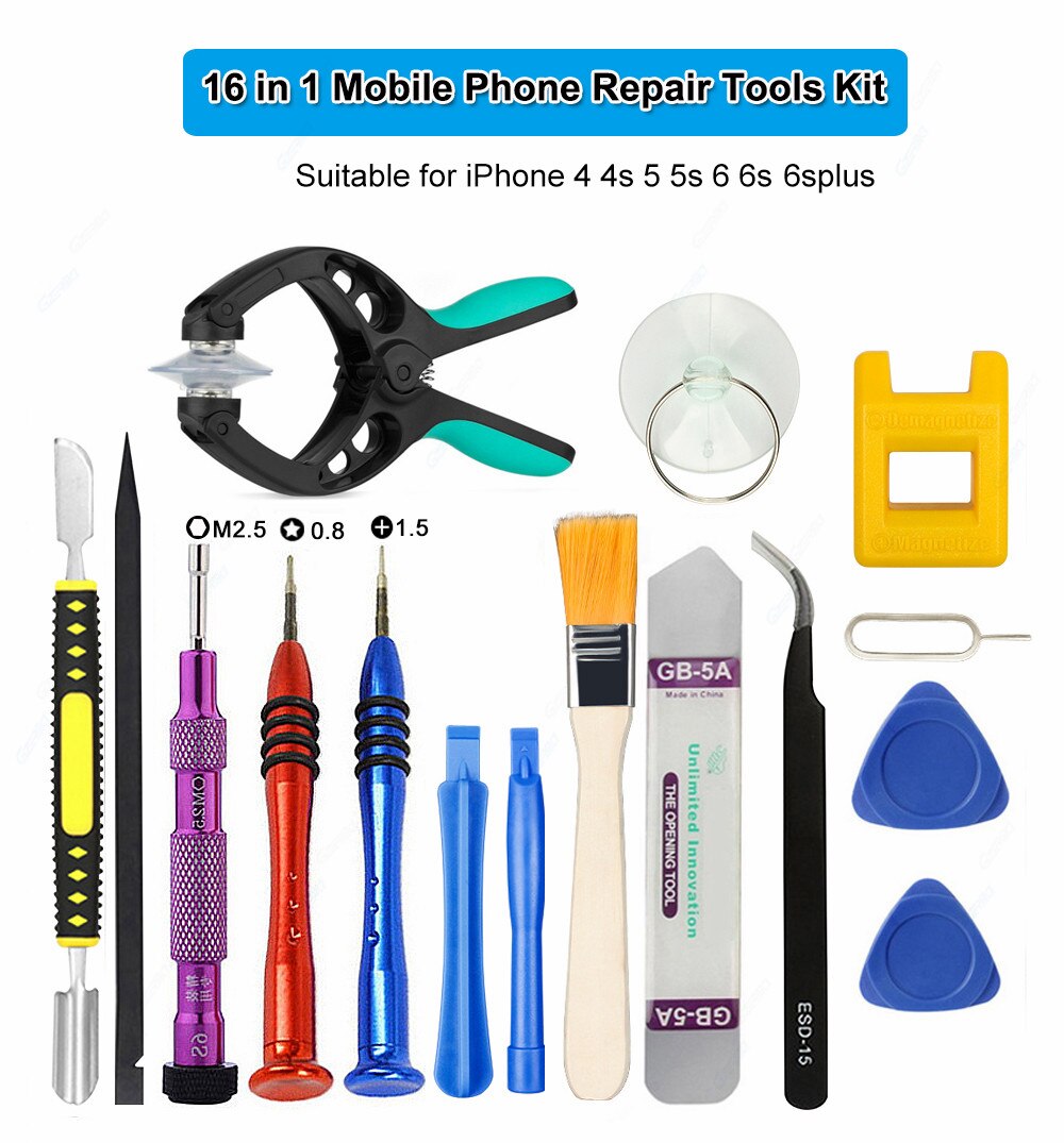 16 In 1 Opening Screen Mobiele Telefoon Reparatie Gereedschap Kit Voor Iphone 5 6 6 S 6 Splus Reparatie Voor samsung Schroevendraaier Set Reparatie Tools Kit: 16 in 1