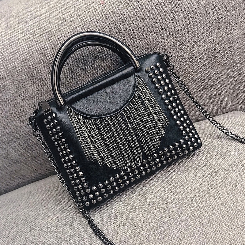 Punk Style Women Bag Top-handle PU Leather Handbag with Rivet and Tassel Purse Women&#39;s Shoulder Bags Small Cross Body Bag Chain: Default Title