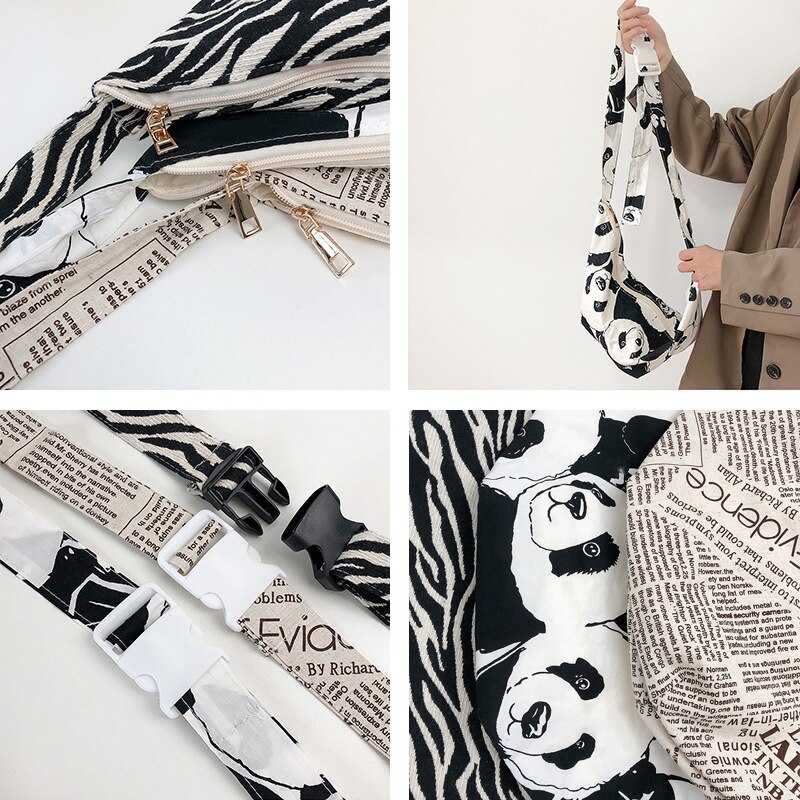 Girls Animal Women Canvas Shoulder Bags Printed Hobos Ladies Zebra Handbag Casual Tote Literary Panda Bag Crossbody Bag