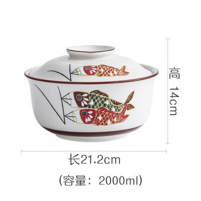 Large capacity Japanese ceramic cover soup noodle bowl stew bowl household tureen tableware set: 2000ml