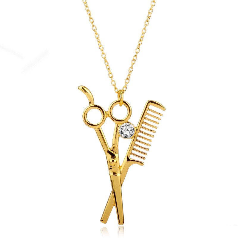 dongsheng Combs Scissors Pendant Rose Gold Scissors jewelry Cosmetologist hair Dresser Rhinestone Necklace Hairdresser: gold