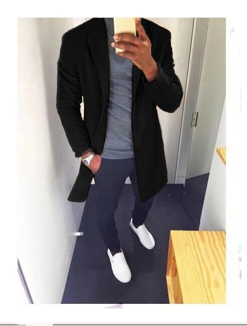 neue männer Wolle Gemischt Lange Mantel Jacke Männlichen Herbst Winter schlank passen Kaschmir Mäntel Einfarbig Wolle Mantel oberbekleidung 3XL: Schwarz / XL