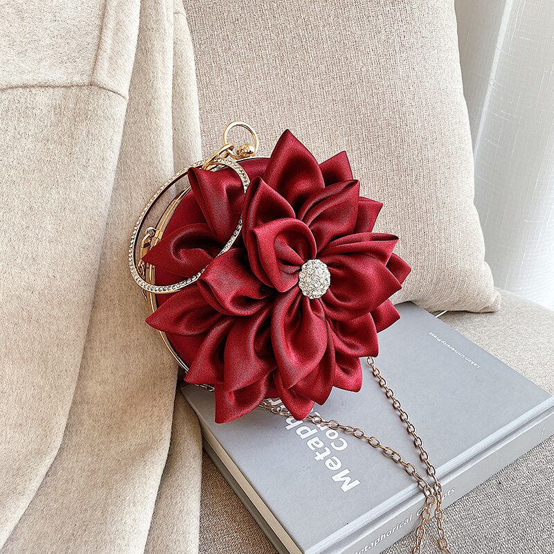 Mild damväska med diamantmetallring pu läderblomma axelväska: Vinröd
